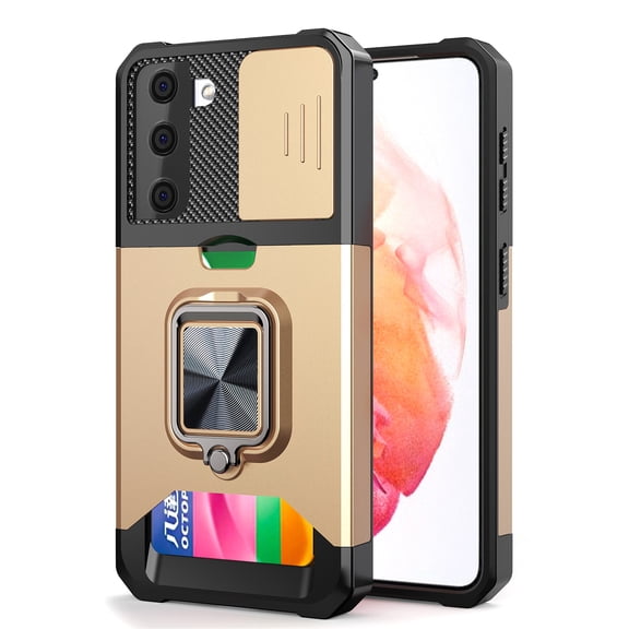 Kickstand Case for Samsung Galaxy S22 Ultra, Dteck Slide Cover Heavy Duty Armor with Rotate Ring Stand Card Holder Slot, Support Car Magnetic Mount, Shockproof Wallet Cover,Gold