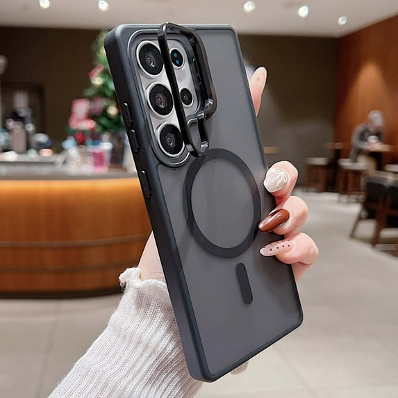 Kickstand Case for Samsung Galaxy S25 Plus Compatible with MagSafe, Built-in Metal Adjustable Camera Bracket, Clear Matte Back Slim Shockproof Phone Cover, Support Magnetic Car Mount, Black
