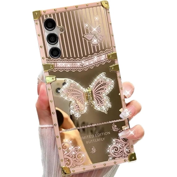 Kickstand Case for Samsung Galaxy S25 Plus, Foldable Butterfly Stand Bling Diamond Mirror Back Golden Plated Shockproof Enhansed Protection Cute Cover for Woman Girl for S25 Plus 6.7", Pink