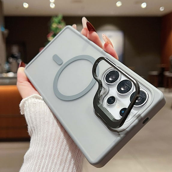 Kickstand Case for Samsung Galaxy S25 Ultra Compatible with MagSafe, Built-in Metal Adjustable Camera Bracket, Clear Matte Back Slim Shockproof Phone Cover, Support Magnetic Car Mount, Gray