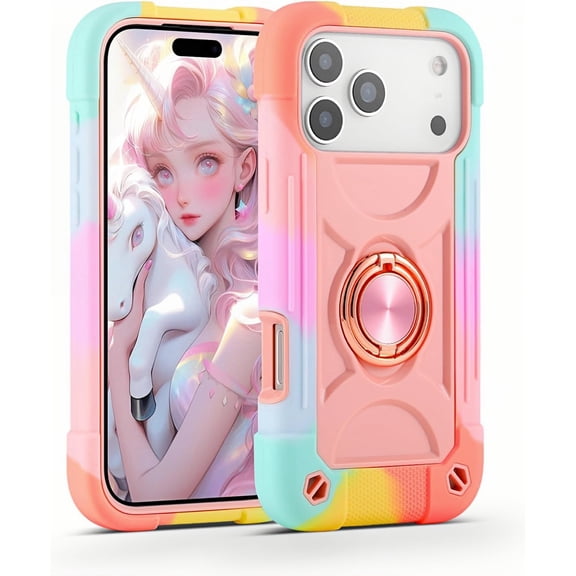Kickstand Case for iPhone 17 Pro Max, Rotatable Double Ring Stand Bracket Cover, Assemble Armor Shockproof Protection - 6.9 inch (Pink)