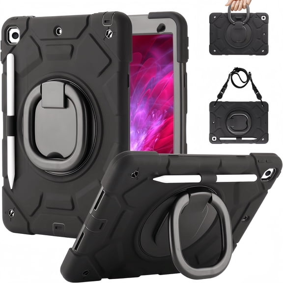 Kickstand Case for iPad 9th/8th/7th Generation 10.2-Inch (2021/2020/2019 Release), Heavy Sturdy Shockproof Kids Cover, with 360°Rotating Stand/Pen Slot/Shoulder Strap Girls (Black)