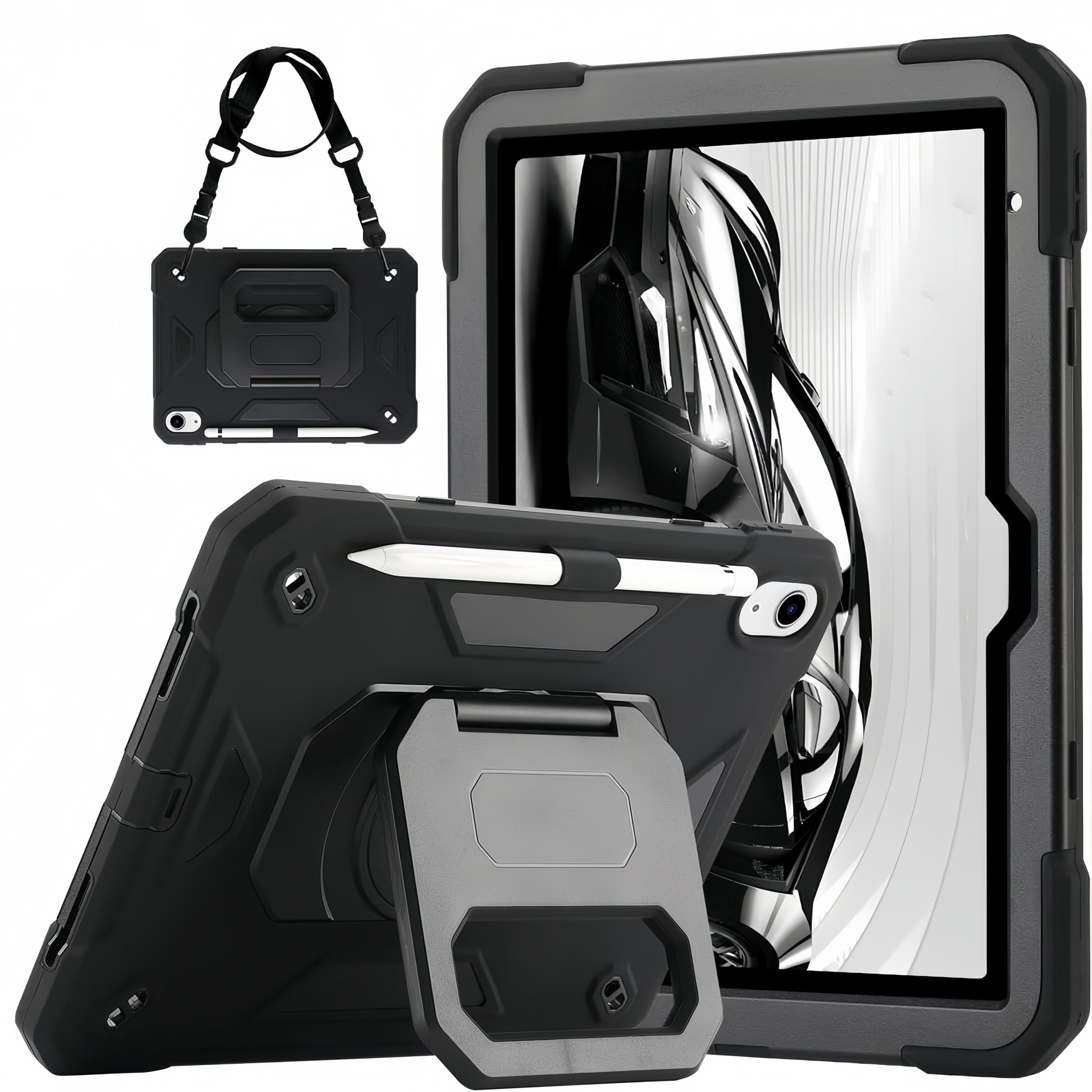 Kickstand Case for iPad (A16) 11th Generation 11 Inch 2025 and iPad 10th Generation 10.9 Inch 2022, Heavy Sturdy Shockproof Kids Cover, with 360°Rotating Stand/Pen Slot/Shoulder Strap (Black)