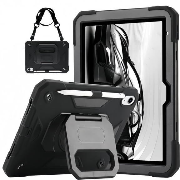 Kickstand Case for iPad Air 11 Inch M4/M3/M2 and iPad Air 10.9 Inch 5th/4th Gen, Heavy Sturdy Shockproof Kids Cover, with 360°Rotating Stand/Pen Slot/Shoulder Strap Girls (Black )