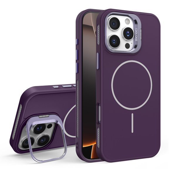 Kickstand Case for iPhone 12 Pro / 12, Compatible with MagSafe Wireless Charger, Built-in Adjustable Camera Frame Stand, Luxury Matte Magnetic Back Slim Fit Shockproof Phone Cover, Darkpurple