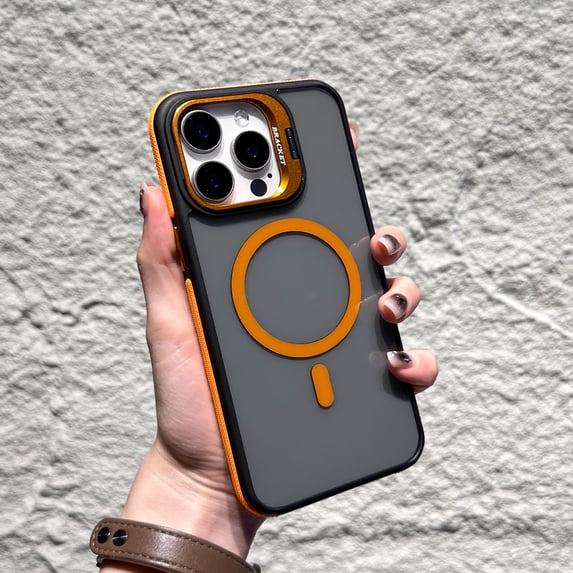 Kickstand Case for iPhone 12 Pro / iPhone 12 6.1" Compatible with Mag-Safe, Built-in Adjustable Camera Lens Stand, Non-Slip Bumper Magnetic Back Slim Shockproof Phone Cover, Orange