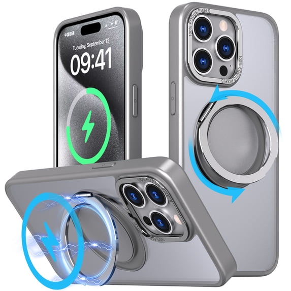Kickstand Case for iPhone 12 Pro / iPhone 12 6.1", Magnetic Compatible with MagSafe Case, Military-Grade Shockproof Protection Translucent Cover with Rotatable Ring Holder for iPhone 12 Pro, Grey