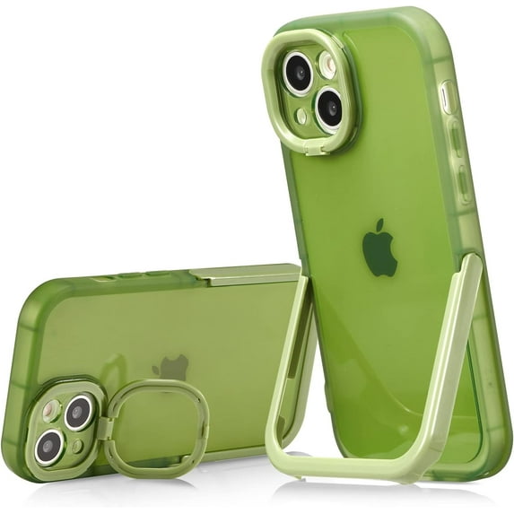 Kickstand Case for iPhone 13/iPhone 14, 2 Stand Modes Built-in Camera Ring Stand Clear Soft Slim Back Cover with Invisible Stand Anti-Scratch Durable Shockproof Protective Bumper Case - Green