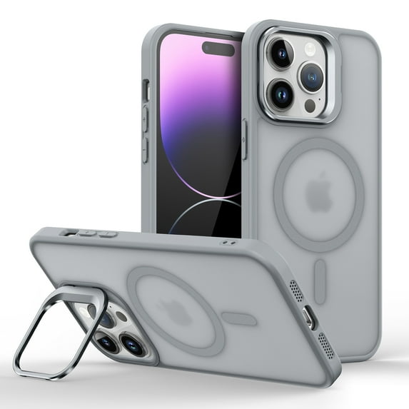 Kickstand Case for iPhone 14 Pro Compatible with MagSafe, Built-in Metal Adjustable Camera Bracket, Translucent Matte Back Slim Shockproof Phone Cover, Support Magnetic Car Mount, Gray