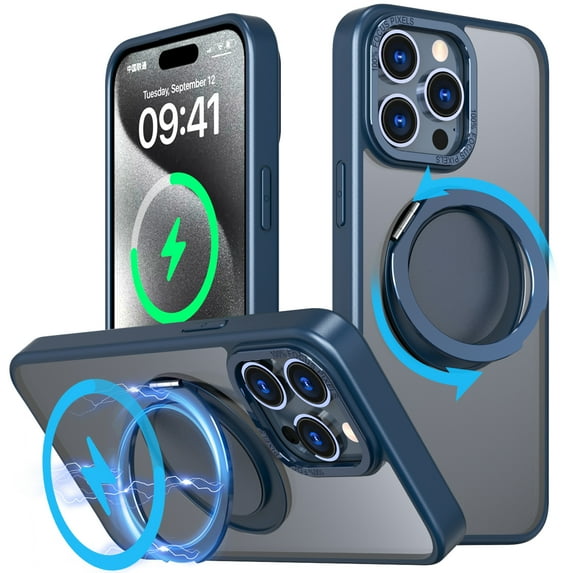 Kickstand Case for iPhone 15 Plus, Magnetic Compatible with MagSafe Case, Military-Grade Shockproof Protection Translucent Cover with Rotatable Ring Holder for iPhone 15 Plus, Blue