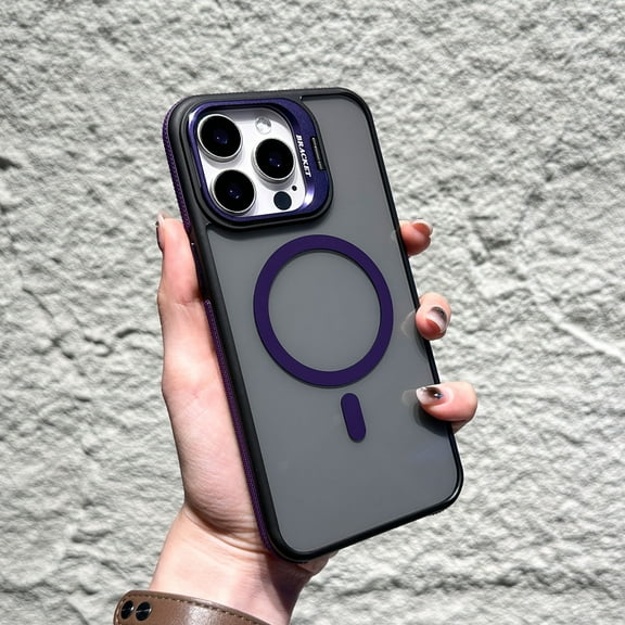 Kickstand Case for iPhone 15 Pro Max Compatible with Mag-Safe, Built-in Adjustable Camera Lens Stand, Non-Slip Bumper Magnetic Back Slim Shockproof Phone Cover for iPhone 15 Pro Max, Darkpurple