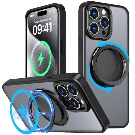 Kickstand Case for iPhone 15 Pro Max, Magnetic Compatible with MagSafe Case, Military-Grade Shockproof Protection Translucent Cover with Rotatable Ring Holder for iPhone 15 Pro Max, Black