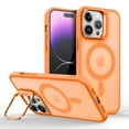 thumbnail image 1 of Kickstand Case for iPhone 16 Plus Compatible with MagSafe, Built-in Metal Adjustable Camera Bracket, Translucent Matte Back Slim Shockproof Phone Cover, Support Magnetic Car Mount, Orange, 1 of 5