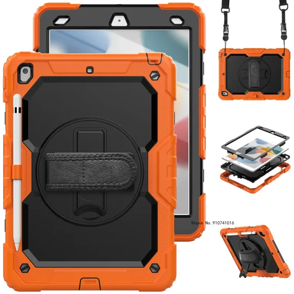 Kickstand Shockproof Kid Case for iPad Mini 6th Generation 2021 Mini 4 5 Pencil Holder Cover+PET Screen Protector+Shoulder Strap (Orange,For ipad Mini 4 Mini 5)