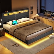 Floating Bed Frame Full Size with LED Lights Headboard, USB-C/A Power Combo,Upholstered Platform Bed with Storage,Dark Gray