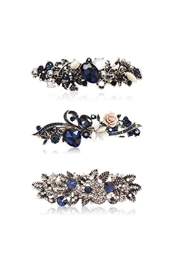 Barrettes for Women Hair Barrettes for Women 3 Pack Vintage Shining Rhinestone Hair Barrettes Metal Flower Butterfly French Clip Faux Crystal Hair clip Spring Hair BarretteBlack and Navy Blue