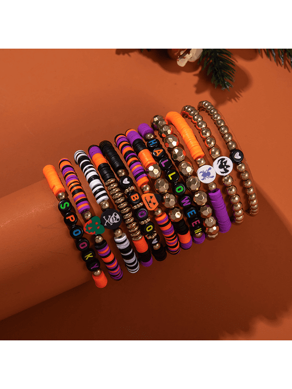 12Pcs Halloween Ghost Pumpkin Bracelet Rainbow Vinyl Disc Clay Beaded Stretch Bracelets Elastic Layering