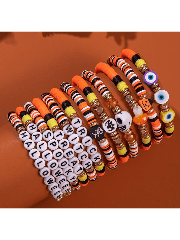 12Pcs Halloween Ghost Pumpkin Bracelet Rainbow Vinyl Disc Clay Beaded Stretch Bracelets Elastic Layering