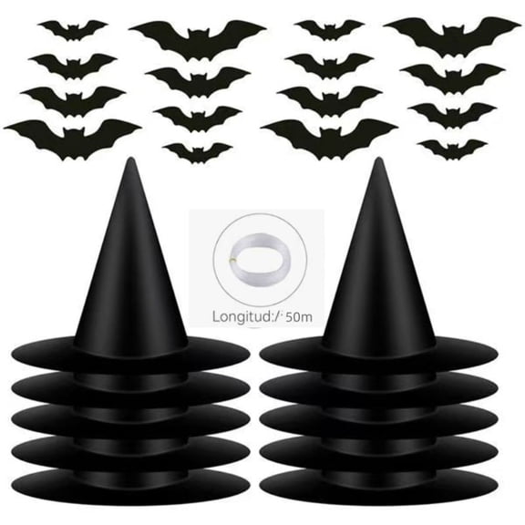 Kicpot 12pack Black Hanging Witch Hat, Halloween Witch Cap Hanging Costume Accessories with 3D Bat Wall Decor for Halloween Indoor Outdoor Party Decorations
