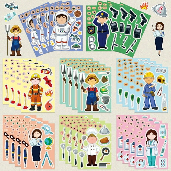 Kicpot 16PCS Cute Stickers for Kids Make a Face Stickers, Kids Make Your Own Cartoon Firefighter Doctor Policeman Teacher Sticker for Waterproof, Book