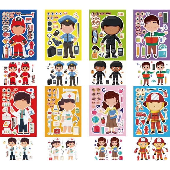 Kicpot 16PCS Cute Stickers for Kids Make a Face Stickers, Kids Make Your Own Cartoon Firefighter Doctor Policeman Teacher Sticker for Waterproof, Book