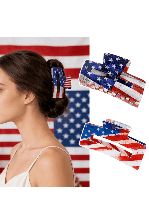2 Pack Patriotic USA Flag Hair Claw Clips, American Flag Rectangle Hair Clips for 1776 Freedom Celebrations, Non-Slip Hair Jaw Clips for Women