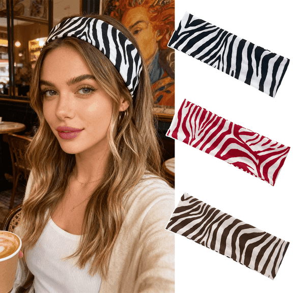 Kicpot 3 Pack Zebra Print Wide Headbands for Women, Black White Striped Fabric Hair Bands, Trendy Animal Print Head Wraps for Daily Wear