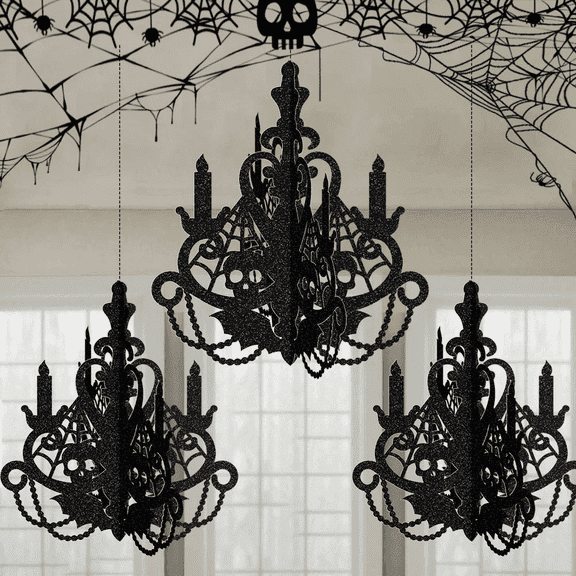 Kicpot 3 Pcs Halloween Haunted House Hanging Decoration 13.8*12.6inch Chandelier Decoration Gothic Spooky Paper Ceiling Ornaments