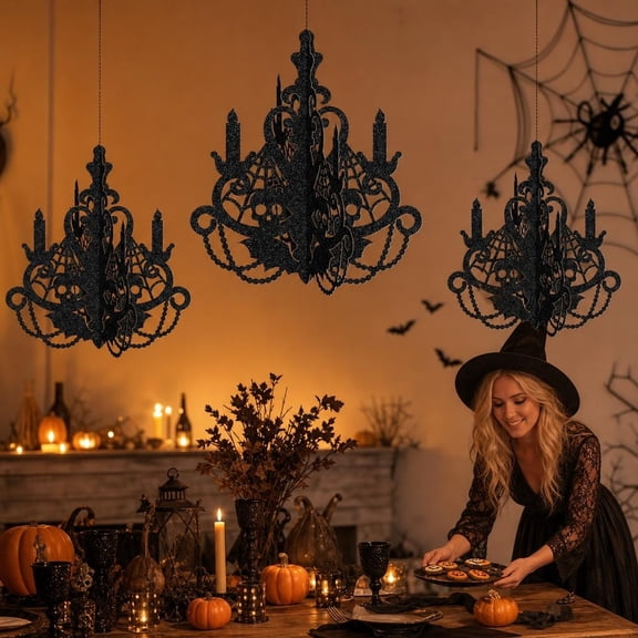 Kicpot 3 Pcs Halloween Haunted House Hanging Decoration 13.8*12.6inch Chandelier Decoration Gothic Spooky Paper Ceiling Ornaments