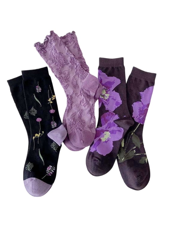 3-Packs Purple Socks Women Crew Socks Ruffle Socks Cute Women's Vintage Embroidered Ruffled Flower Socks