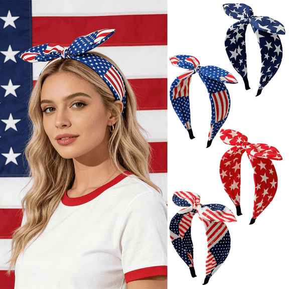 Kicpot 4 Pack Patriotic USA Flag Bow Headbands for Women, Red White Blue Knotted Hair Bands for Freedom Celebrations, Non-Slip Headbands for Daily Wear