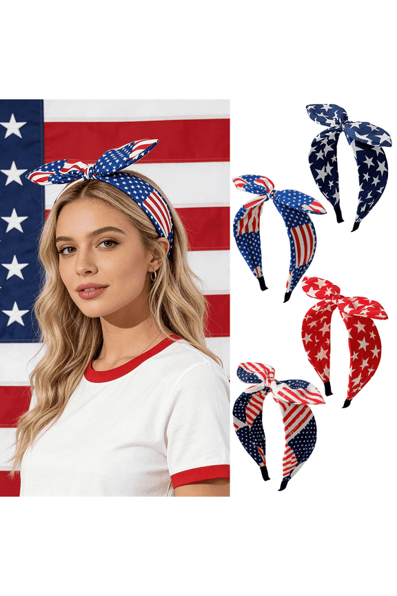 4 Pack Patriotic USA Flag Bow Headbands for Women, Red White Blue Knotted Hair Bands for Freedom Celebrations, Non-Slip Headbands for Daily Wear