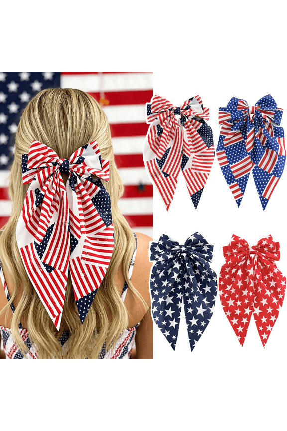 4 Pack Patriotic USA Flag Hair Bows Clips, Red White Blue Large Bow Hair Accessories for 1776 Freedom Celebrations, Patriotic Hair Clips for Women