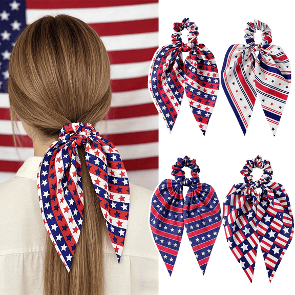 Kicpot 4 Pack Patriotic USA Flag Scrunchies with Scarf Tails, Red White Blue Hair Scarf Scrunchies for 1776 Freedom Celebrations, Patriotic Hair Accessories for Women