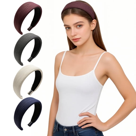 Kicpot 4 Pack Wide Ribbed Knotted Headband Set  2.75 Inch Ivory, Gray, Navy, Reddish Brown Hair Wraps for Women & Everyday Hairstyles