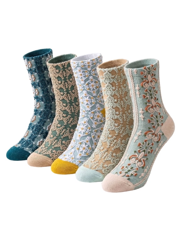 5-Pairs Socks Colored Crew Socks Checkered Socks Elegant Vintage Floral Ruffled Sock