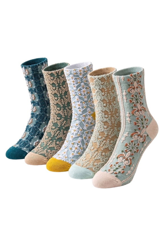 5-Pairs Socks Colored Crew Socks Checkered Socks Elegant Vintage Floral Ruffled Sock