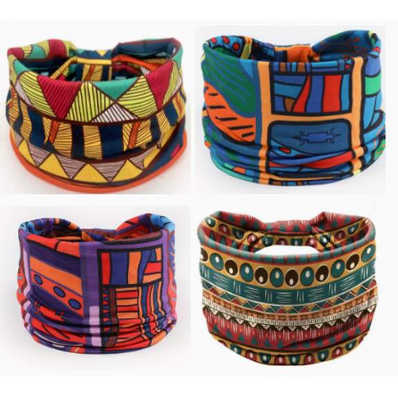Kicpot 4Pcs African Tribal Print Headbands for Women, Wide Stretchy Boho Hair Bands, Ethnic Pattern Head Wraps for Daily Wear & Sports