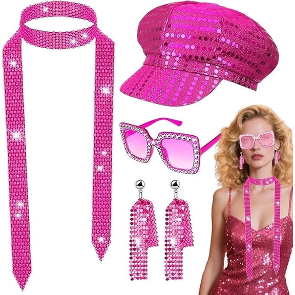 Kicpot 4Pcs Disco Costume for Women, 1970s Disco Fancy Dress Accessories Set with Sequin Hat Bling Sunglasses Earrings Scarf for Adults Retro 70 Theme Party Dance
