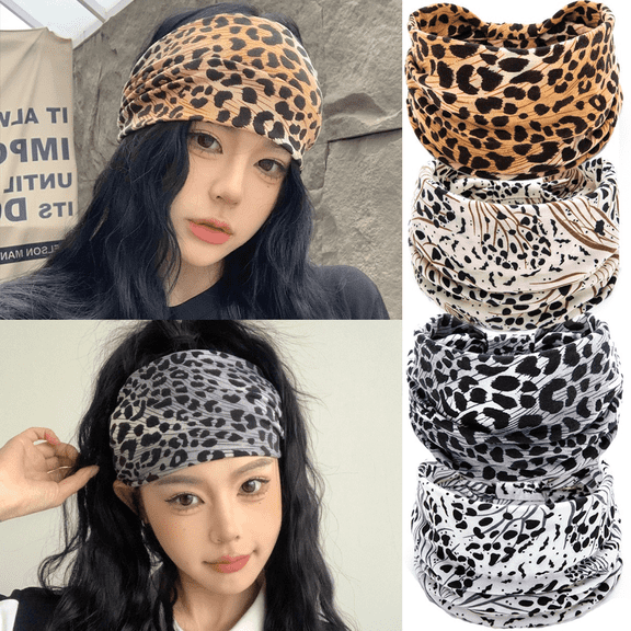 Kicpot 4Pcs Leopard Print Headbands for Women, Wide Stretchy Boho Hair Bands, Non-Slip Turban Head Wraps for Daily Wear & Sports