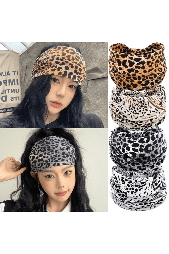4Pcs Leopard Print Headbands for Women, Wide Stretchy Boho Hair Bands, Non-Slip Turban Head Wraps for Daily Wear & Sports