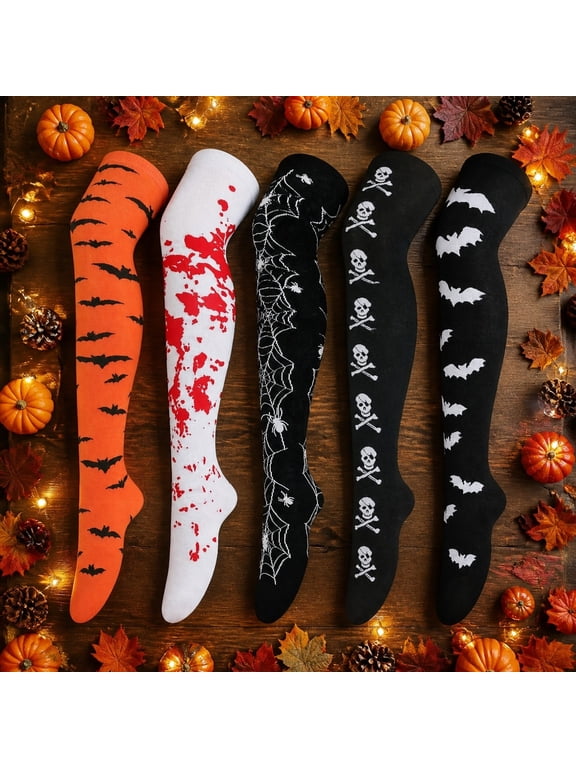 5 Pairs Halloween Socks Thigh High Long Stockings over Knee Spider Bat Socks for Halloween Costume Cosplay Party Favor