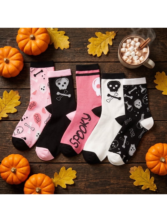 5-Pairs Spooky Halloween Crew Socks for Women, Funny Crazy Novelty Fun, Size 6-9, for Fall & Parties