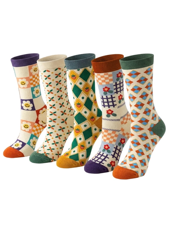 5-Pairs Colorful Socks For Women Patterned Crew Socks Smiley Face Colorful Socks