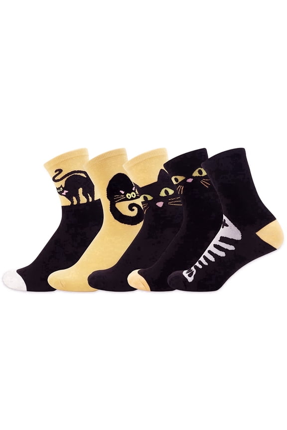 5 Pairs Cute Animal Design Women's Casual Comfortable Crew Socks Moisture Wicking Cartoon Kitten Animal Creative Socks