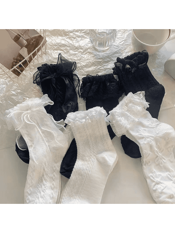 5 pack Womens Bow Socks Cute Lace Ruffle Cotton Frilly Crew Socks, fun dress socks with bow