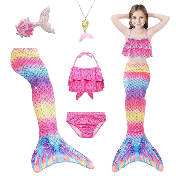 Kicpot 5Pcs Mermaid Tails for Swimming Girls Mermaid Swimsuit-Kids Mermaid Tail Princess Bikini Bathing Suit-120cm