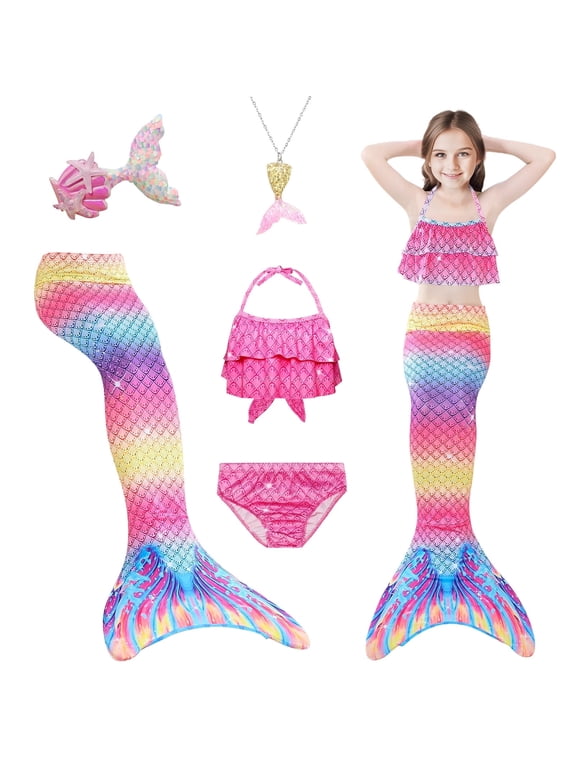 5Pcs Mermaid Tails for Swimming Girls Mermaid Swimsuit-Kids Mermaid Tail Princess Bikini Bathing Suit-120cm
