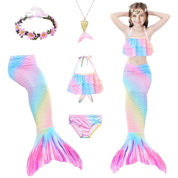 Kicpot 5Pcs Mermaid Tails for Swimming Girls Mermaid Swimsuit-Kids Mermaid Tail Princess Bikini Bathing Suit-120cm