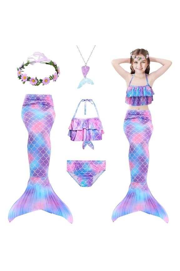5Pcs Mermaid Tails for Swimming Girls Mermaid Swimsuit-Kids Mermaid Tail Princess Bikini Bathing Suit-130cm